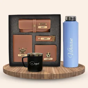 Personalised Voilet Classic Smart Bottle (1 Litre), Stainless Steel Mug & All in One Men's Combo (4 pcs) - Tan