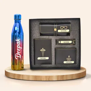 Personalized All in One Men's Combo (4 pcs) & Customized Rainbow Stainless Steel Water Bottles - Black