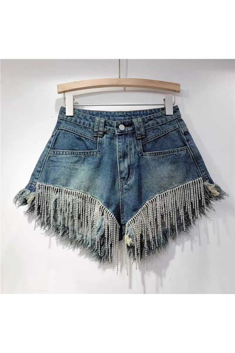 PK0695 Rhinestones Fringes Shorts