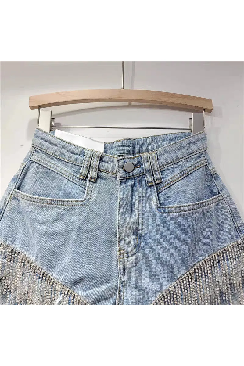 PK0695 Rhinestones Fringes Shorts