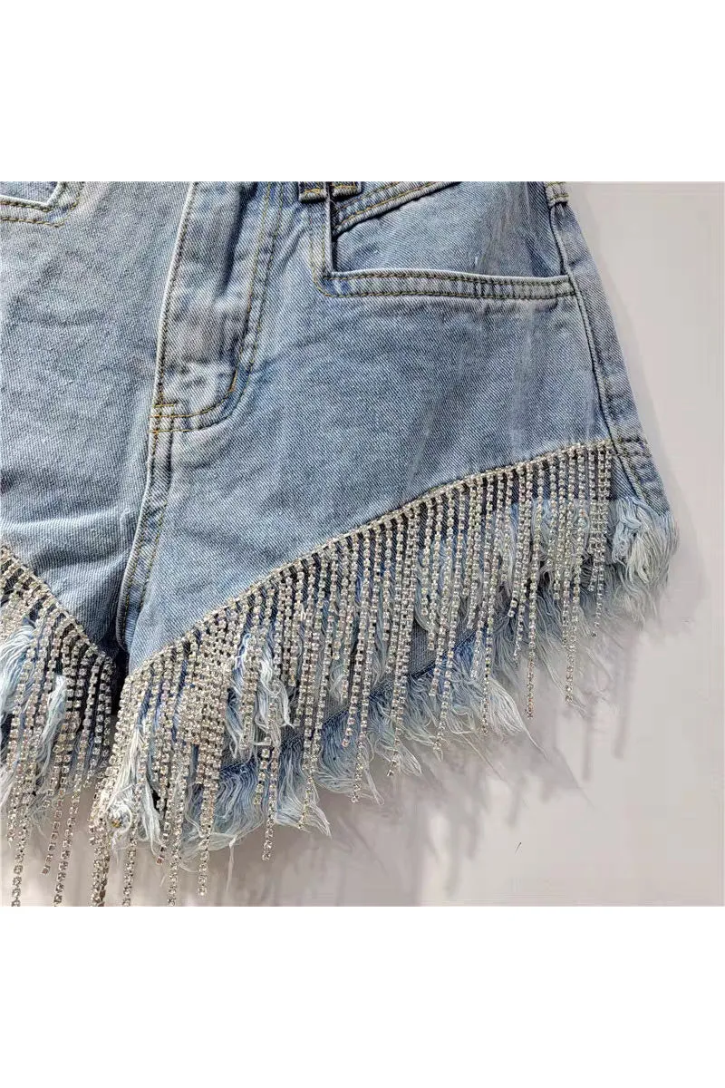 PK0695 Rhinestones Fringes Shorts