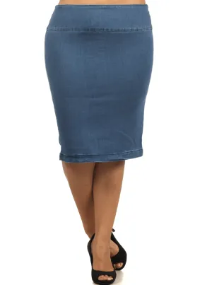 Plus Size Blue Sky High Waist Denim Midi Skirt