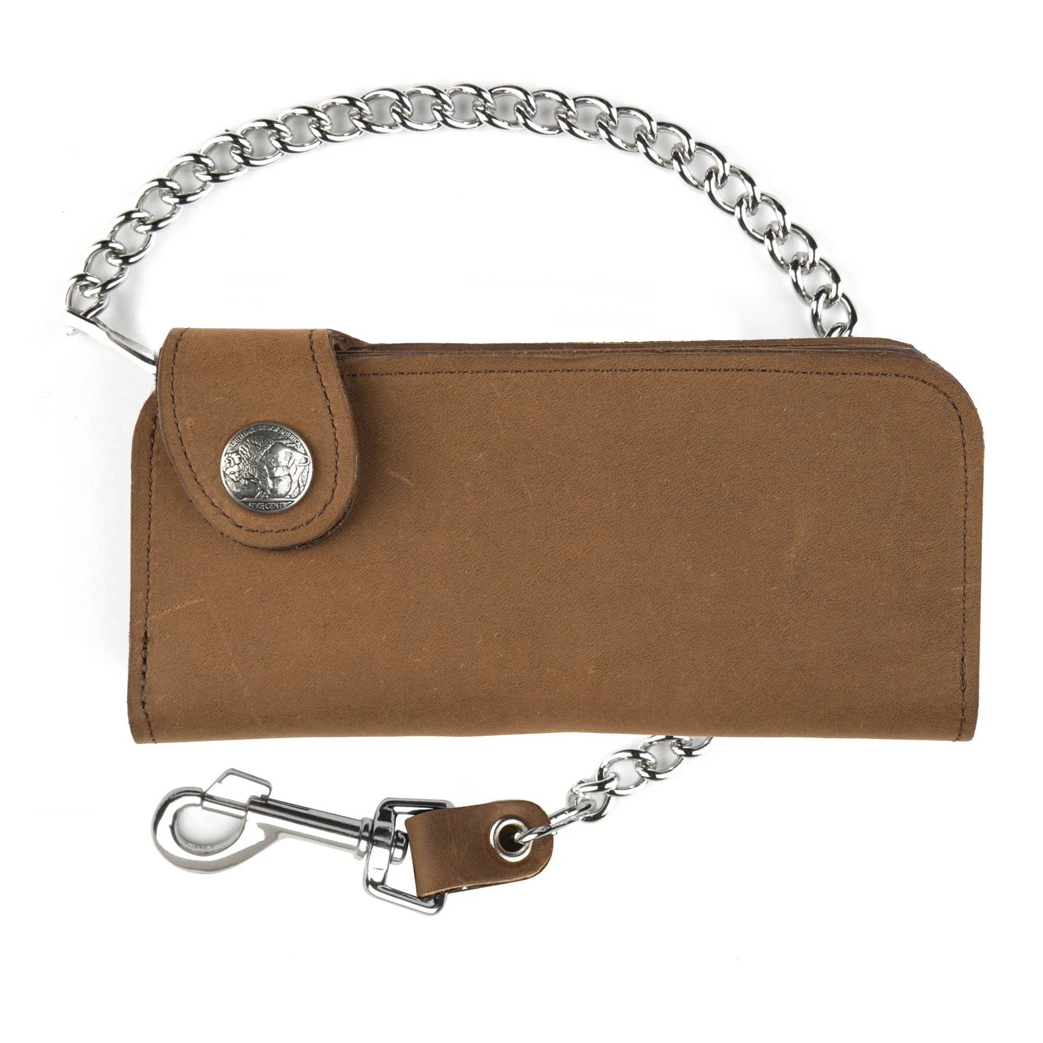 PUB473  Side Snap Wallet w/ Chain- Brown w/ Buffalo Nickel snap