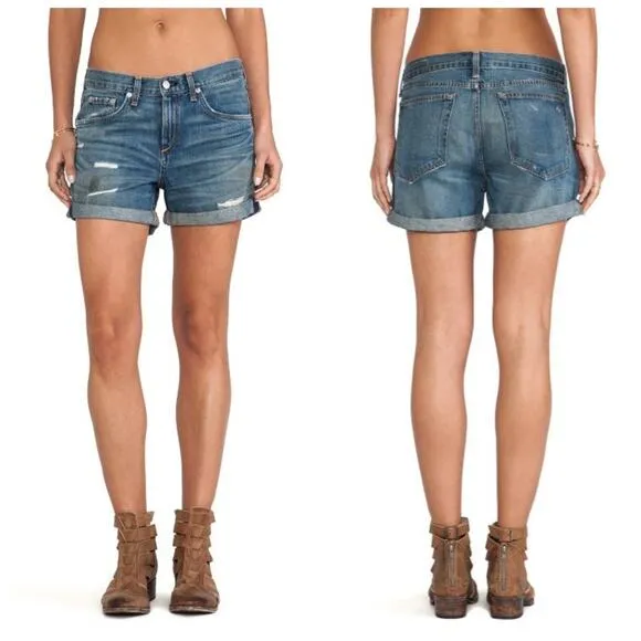 rag &amp; bone Women's Denim Boyfriend Shorts Size 24 Trestles Destroyed Cuffed Boho
