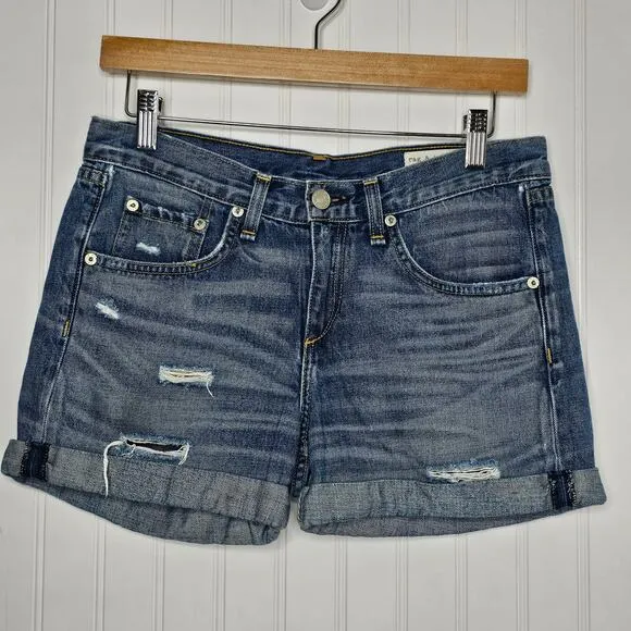 rag &amp; bone Women's Denim Boyfriend Shorts Size 24 Trestles Destroyed Cuffed Boho