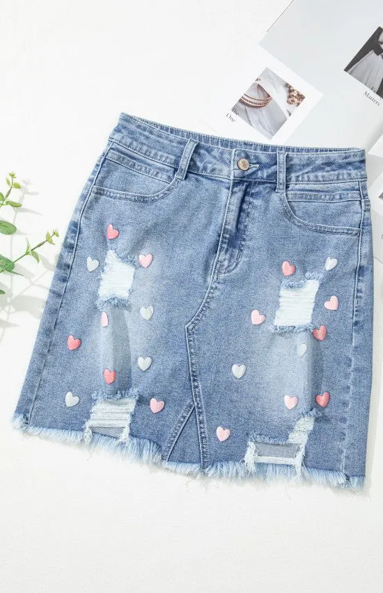 Raw Hem Heart Denim Skirt