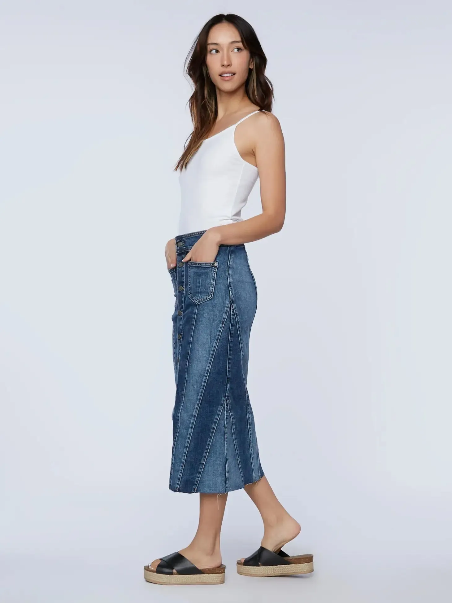 Retro Button Front Denim Maxi Skirt