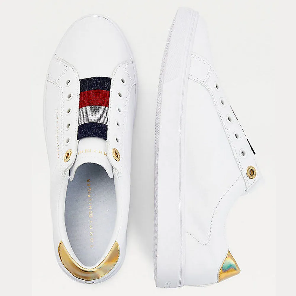 Scarpe Donna TOMMY HILFIGER Sneakers Slip On Iconiche in Pelle Bianca
