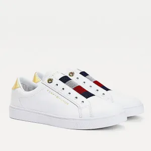 Scarpe Donna TOMMY HILFIGER Sneakers Slip On Iconiche in Pelle Bianca