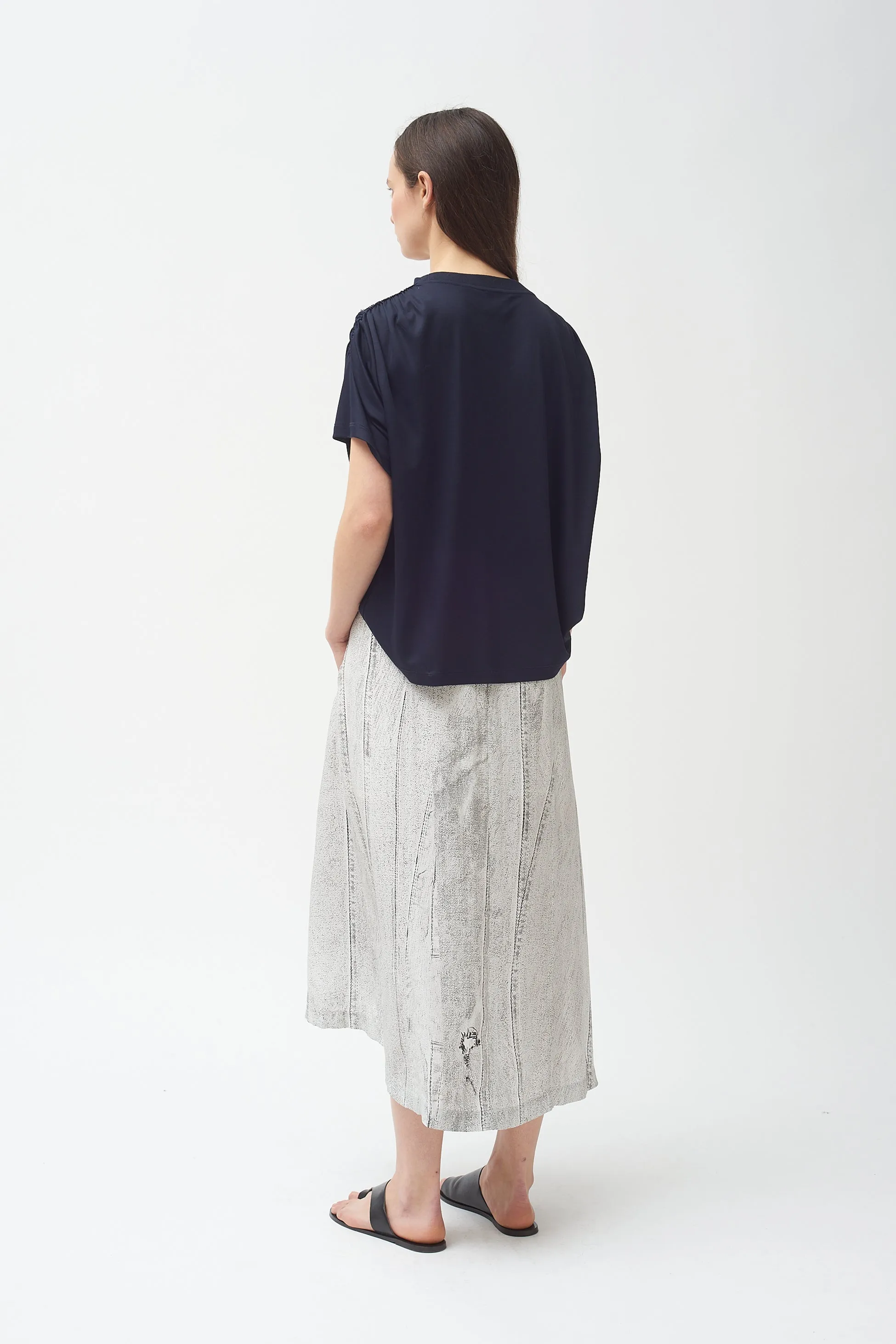 Seamed Denim Print Side Buckle Silk Skirt