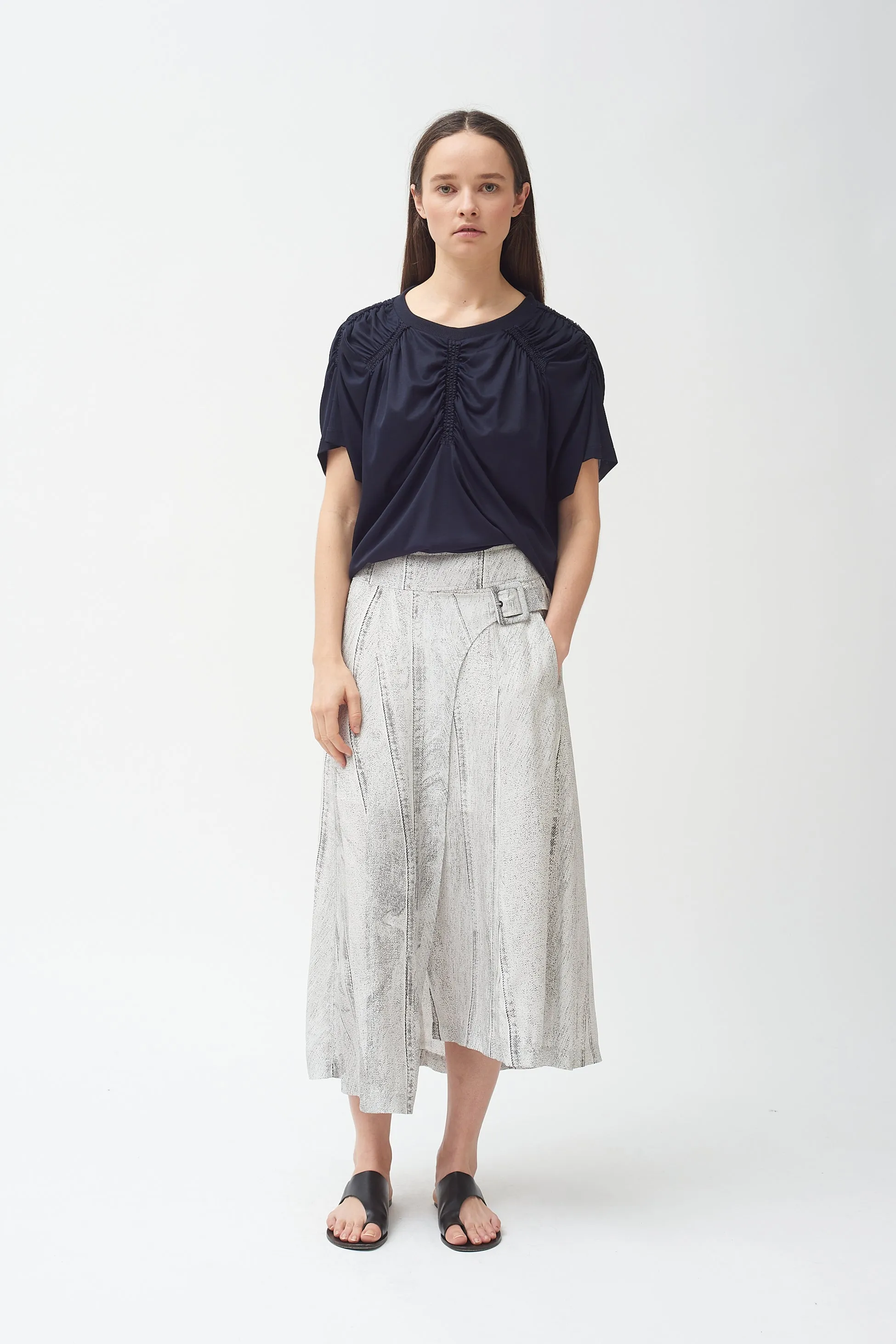 Seamed Denim Print Side Buckle Silk Skirt