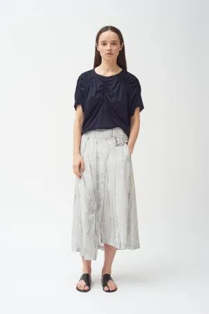 Seamed Denim Print Side Buckle Silk Skirt