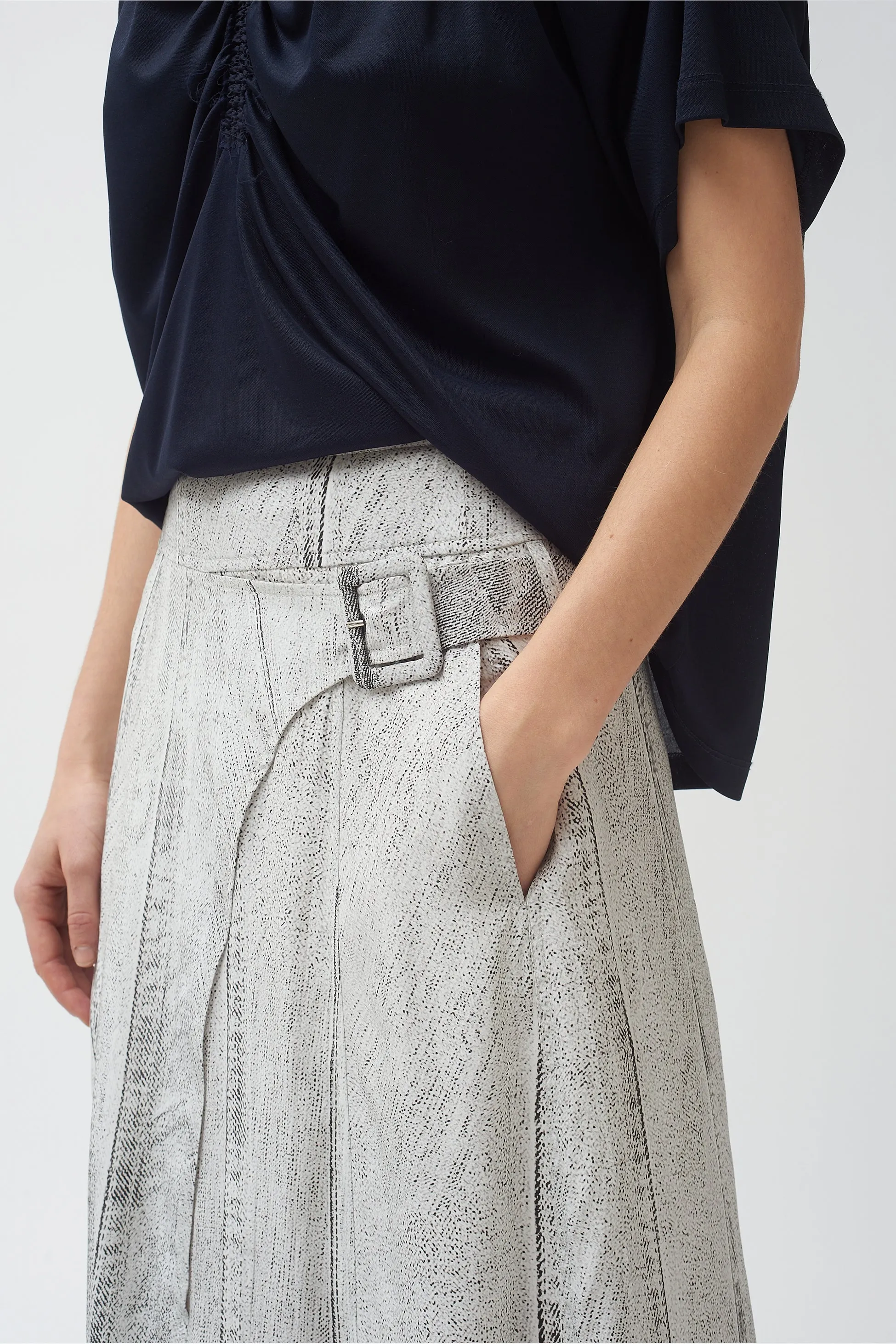 Seamed Denim Print Side Buckle Silk Skirt