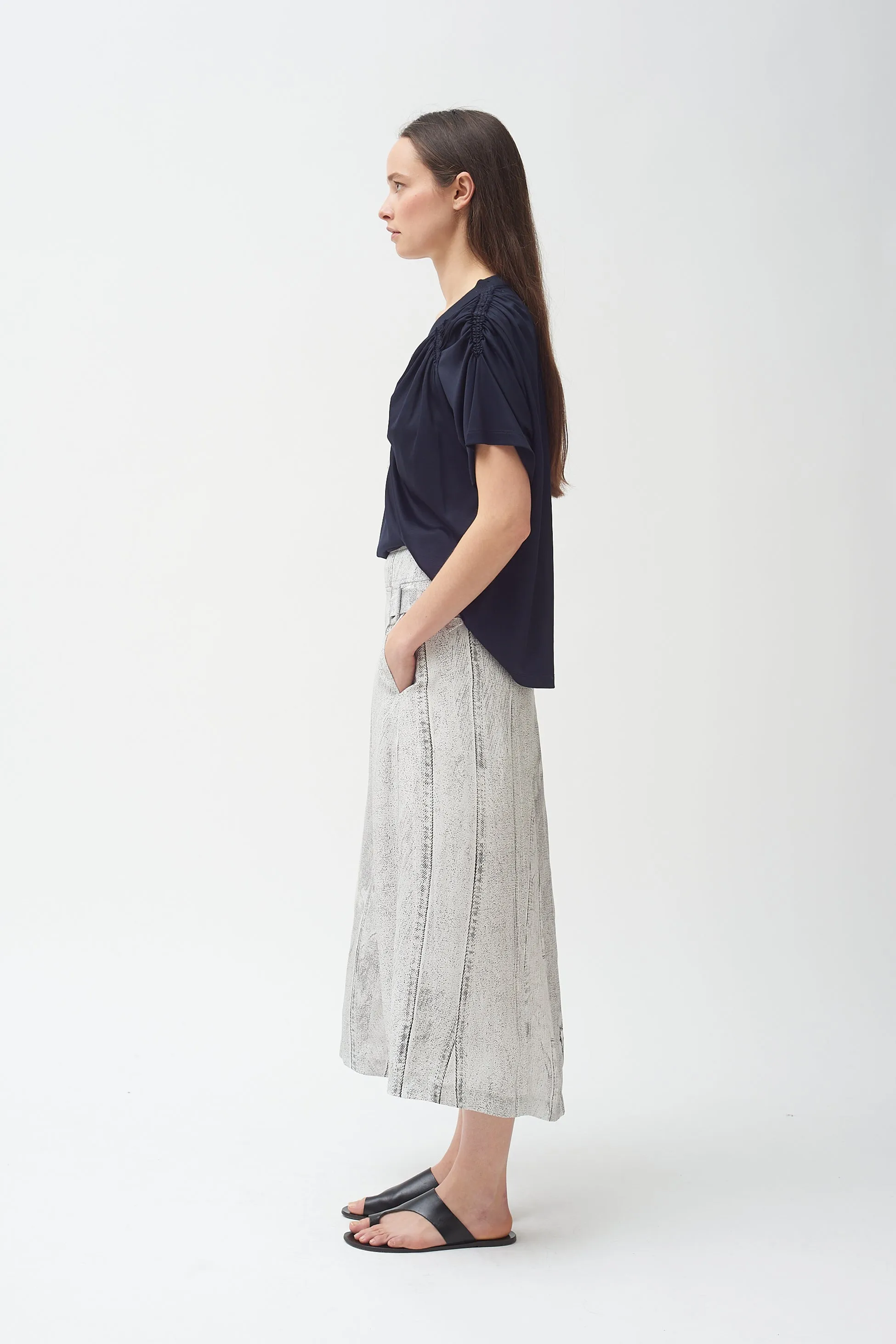 Seamed Denim Print Side Buckle Silk Skirt