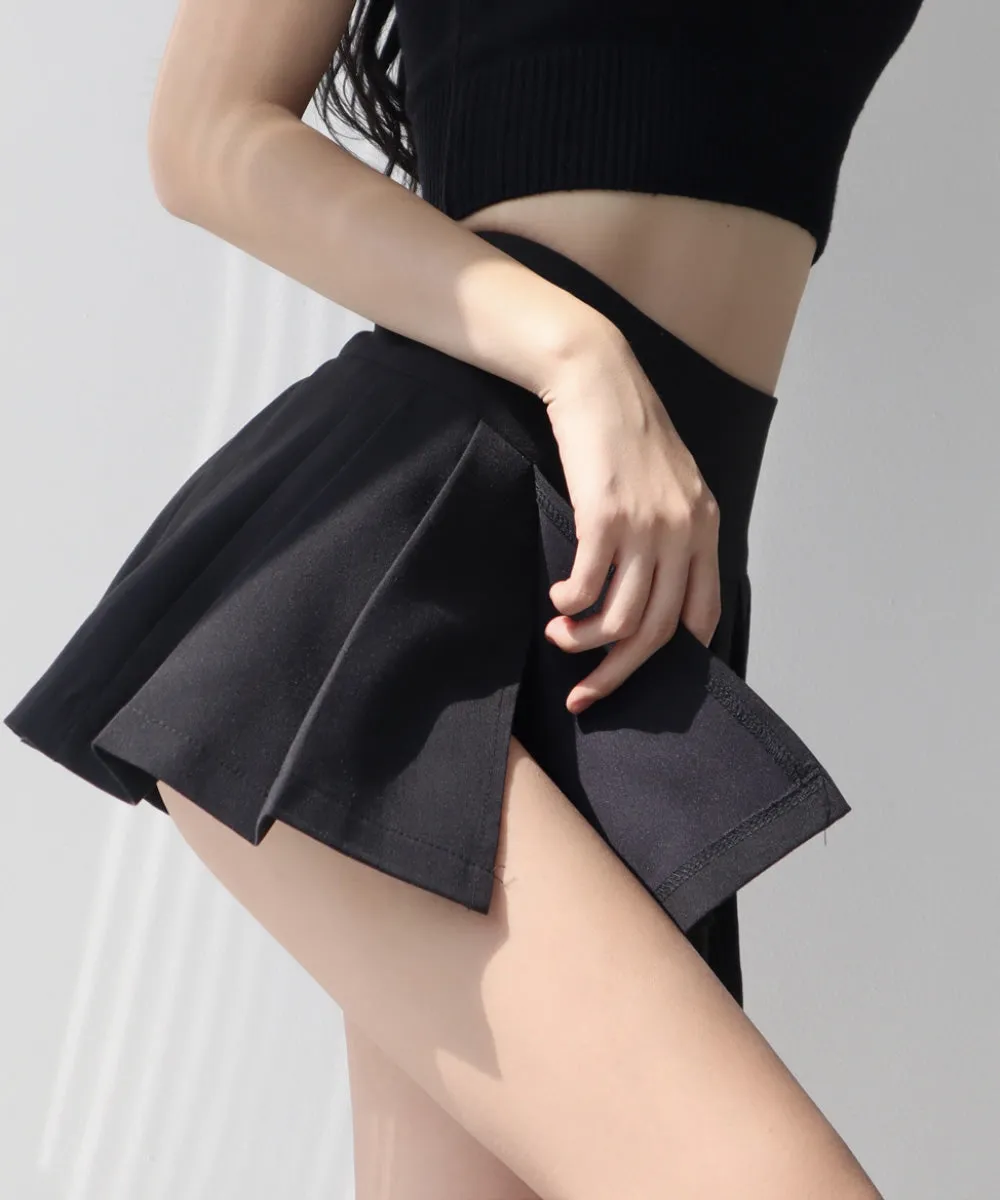 side slit pleated high waist A-line miniskirt
