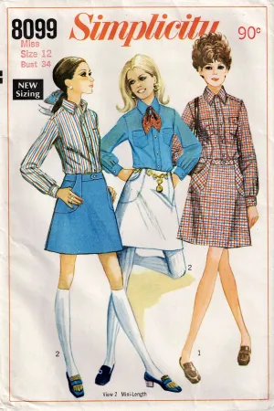 Simplicity 8099 Womens A Line Skirt & Classic Shirt 1960s Vintage Sewing Pattern Size 12 Bust 34 inches