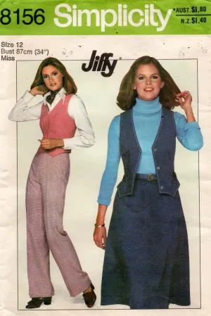 Simplicity 8156 Womens JIFFY Vest Skirt & Pants 1970s Vintage Sewing Pattern Size 12 Bust 34 inches