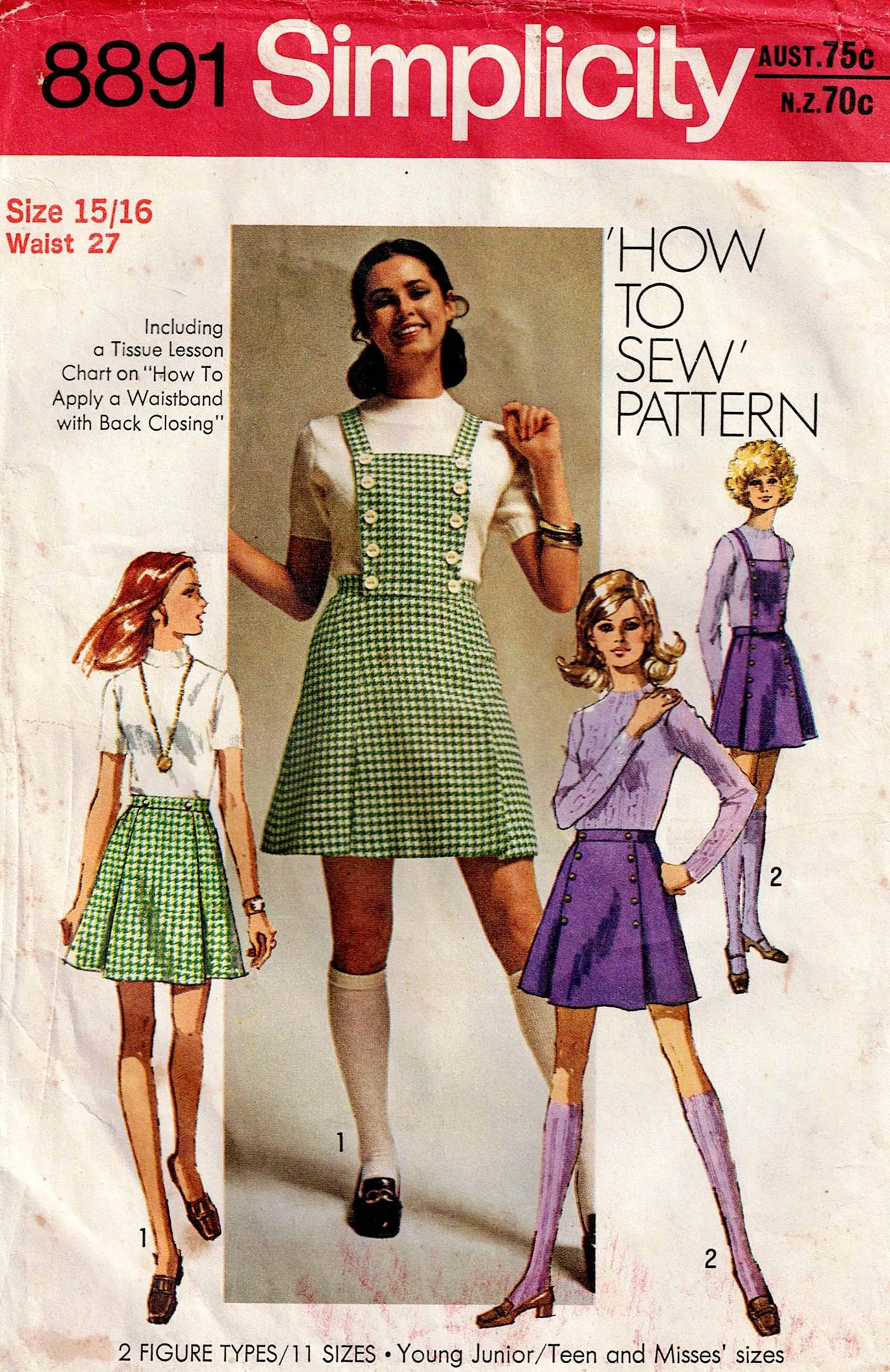 Simplicity 8891 Young Junior Teens/ Womens Button Trimmed Mini Skirt with Detachable Bib 1970s Vintage Sewing Pattern Waist 27 inches UNCUT Factory Folded