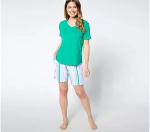 SMALL GREEN STRIPE A637437 Cuddl Duds Cotton Core T-Shirt and Short Lounge Set
