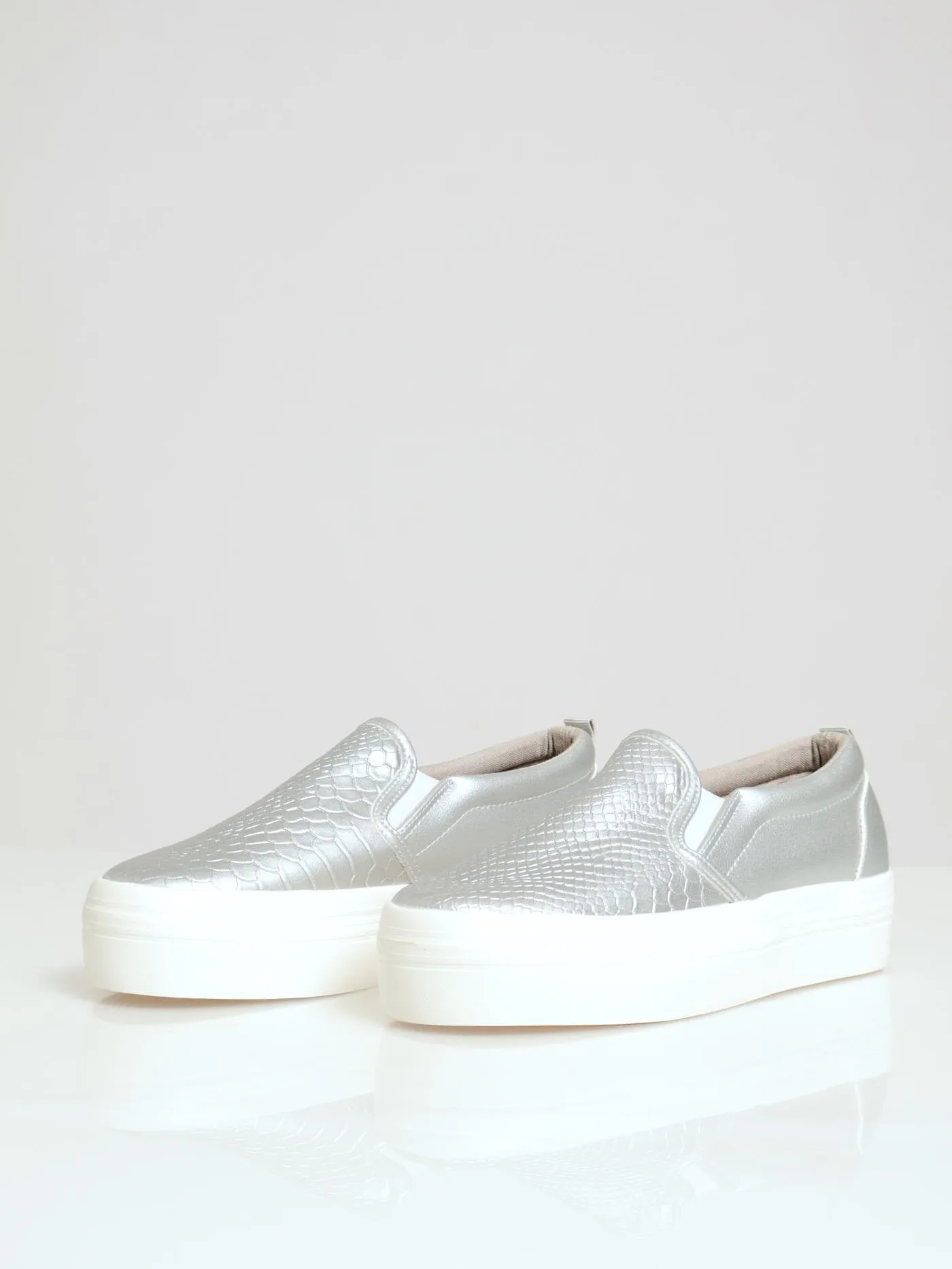 Snake Embossed Platform Slip On - Silver
