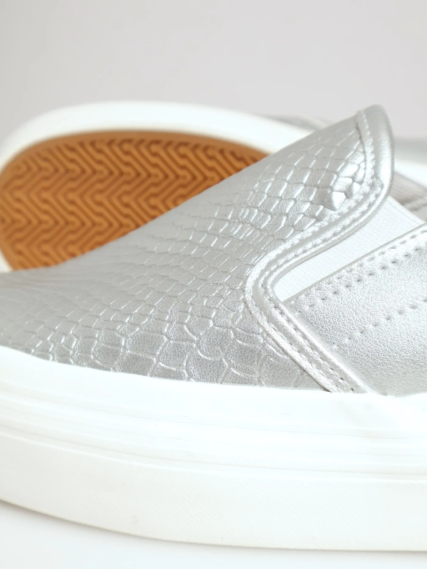 Snake Embossed Platform Slip On - Silver