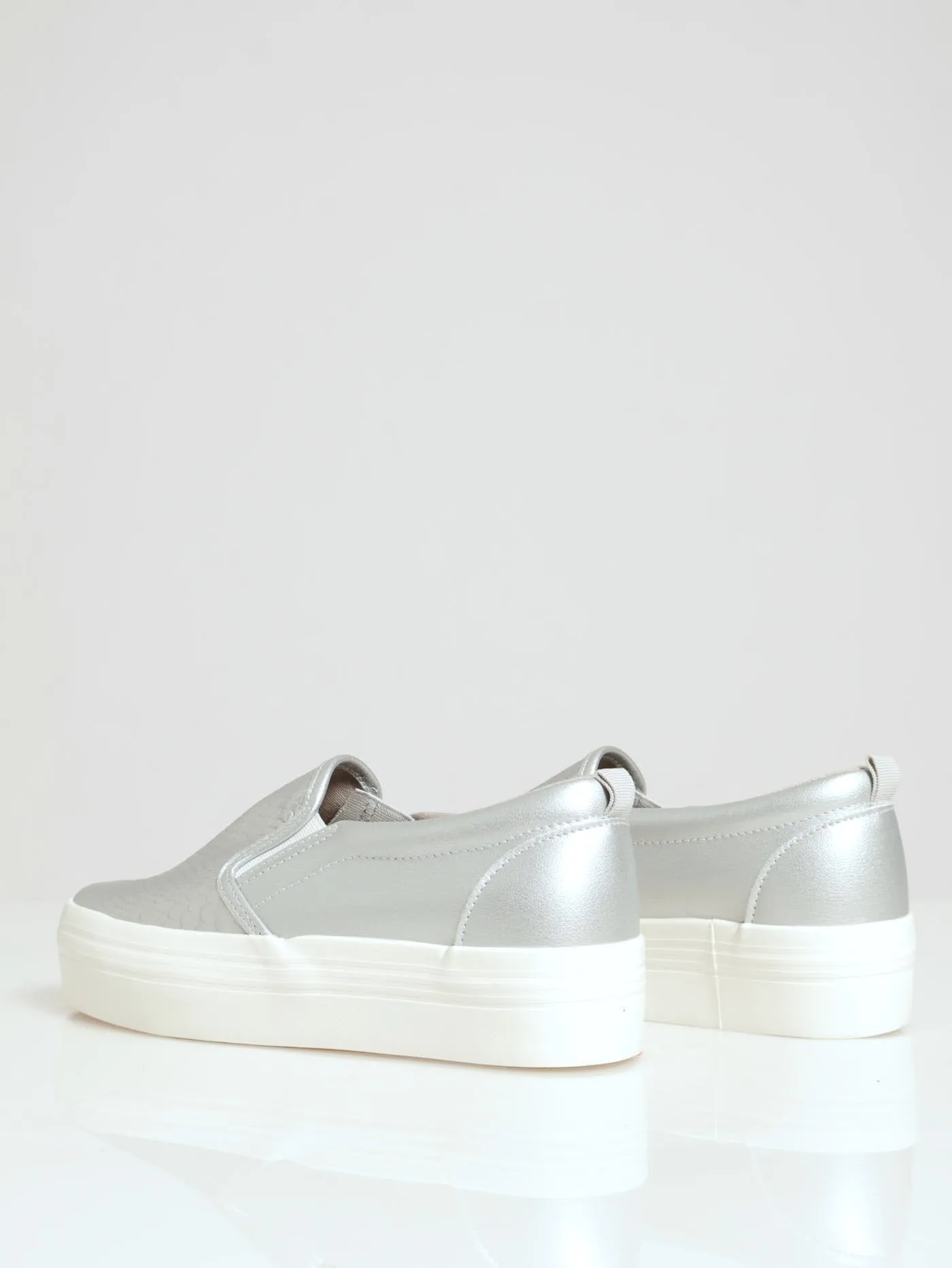 Snake Embossed Platform Slip On - Silver