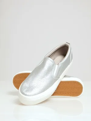Snake Embossed Platform Slip On - Silver