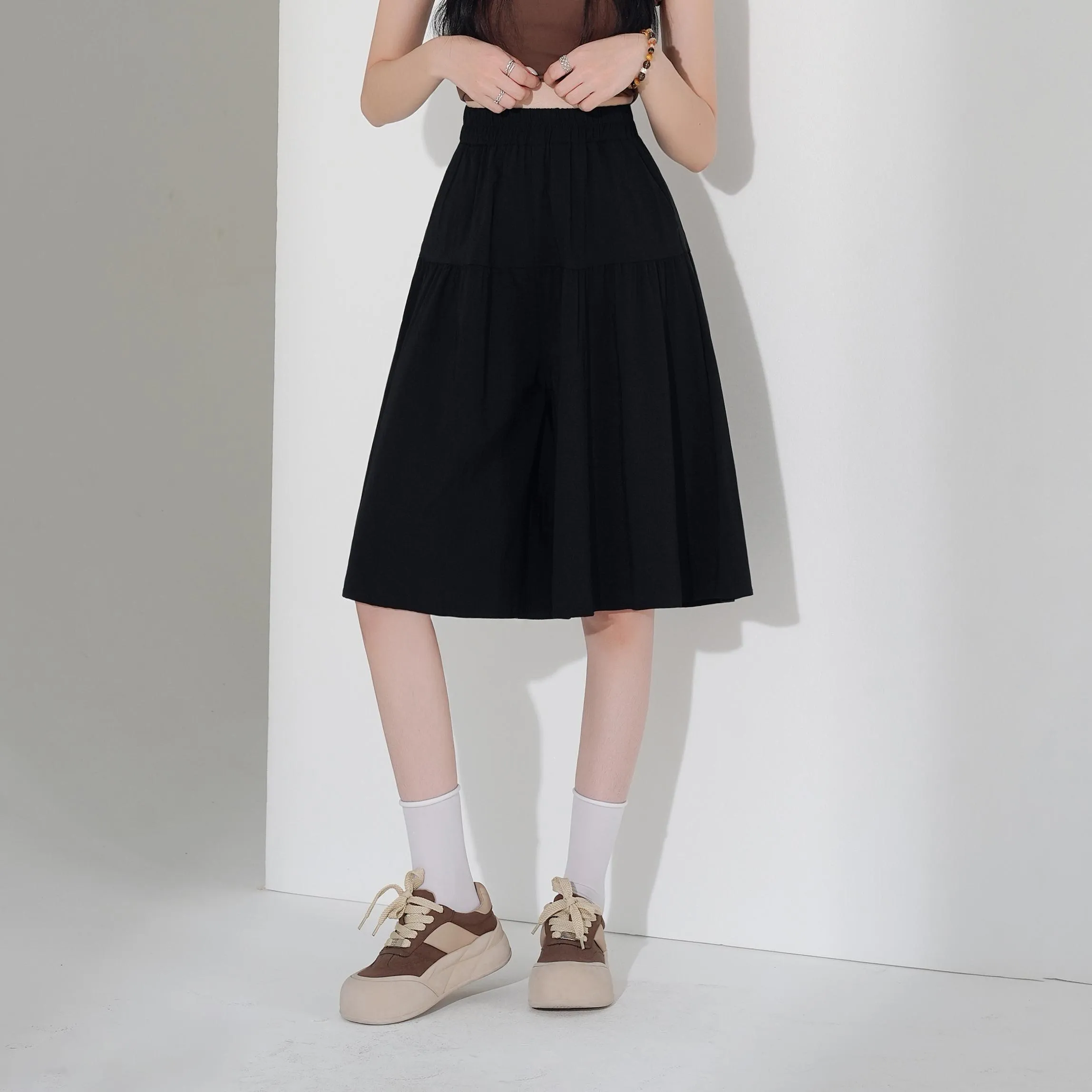 Solid Color A-Line Wide Leg Twill Shorts for Women