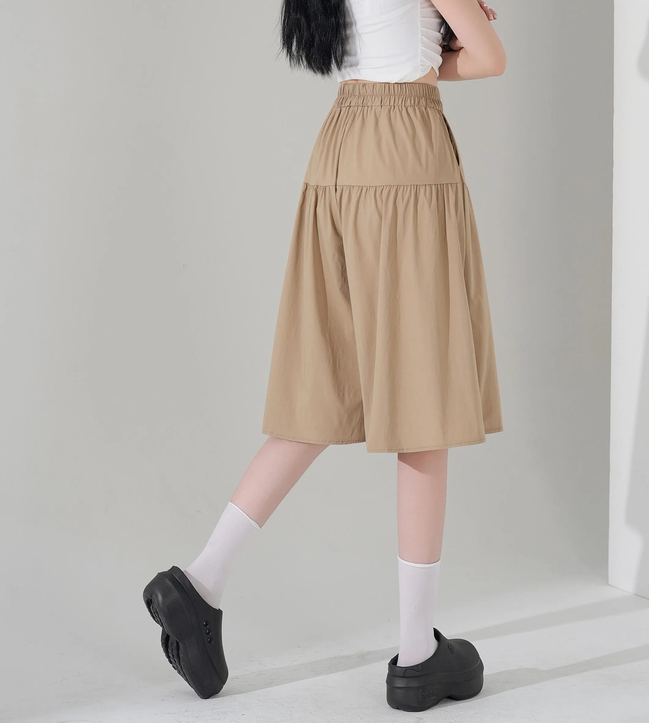 Solid Color A-Line Wide Leg Twill Shorts for Women