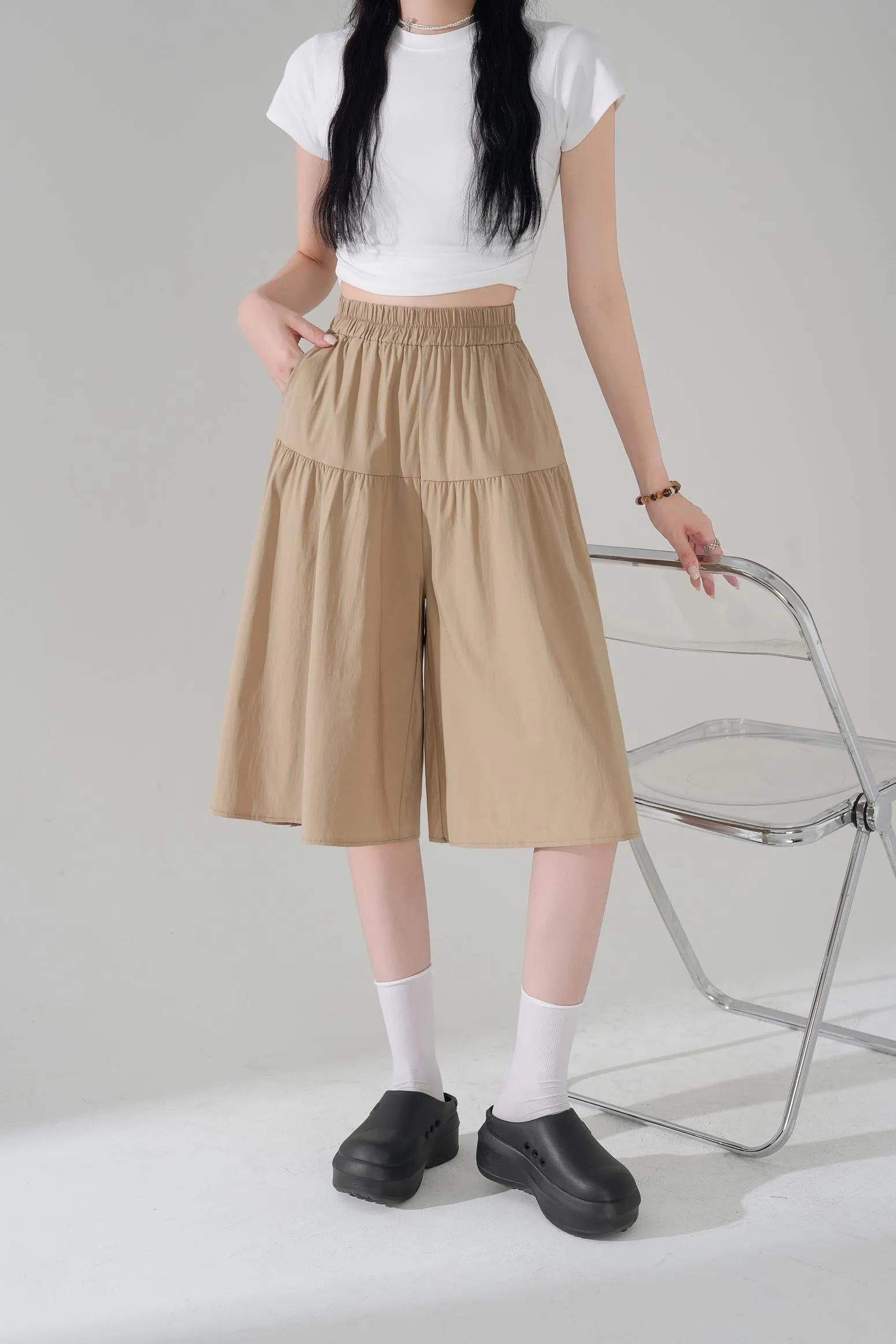 Solid Color A-Line Wide Leg Twill Shorts for Women