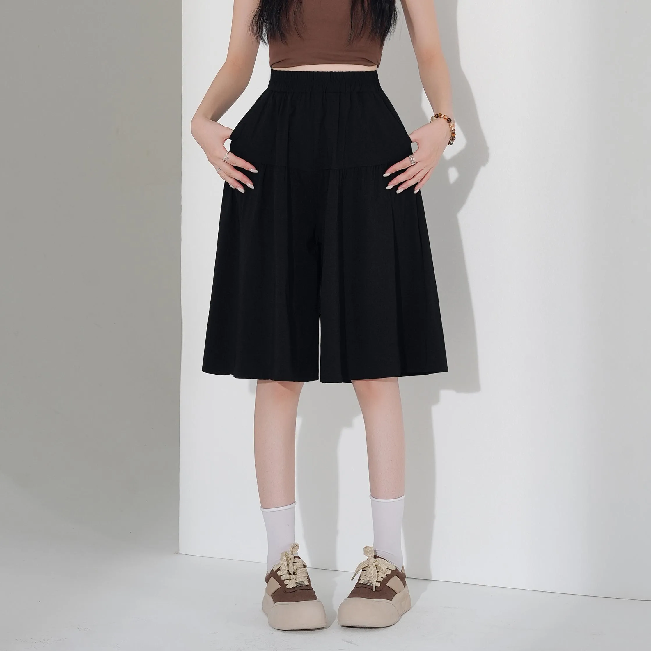 Solid Color A-Line Wide Leg Twill Shorts for Women