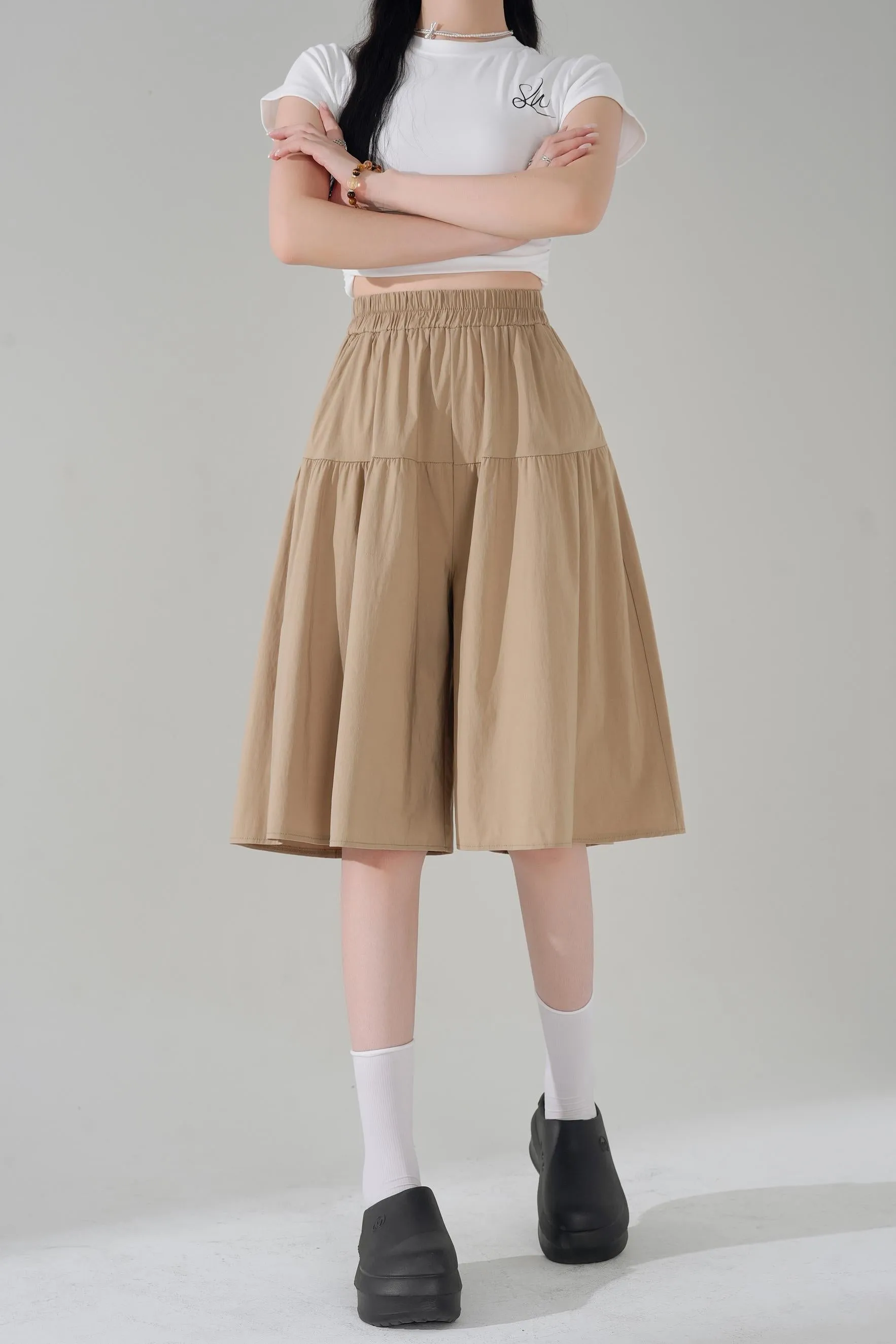 Solid Color A-Line Wide Leg Twill Shorts for Women