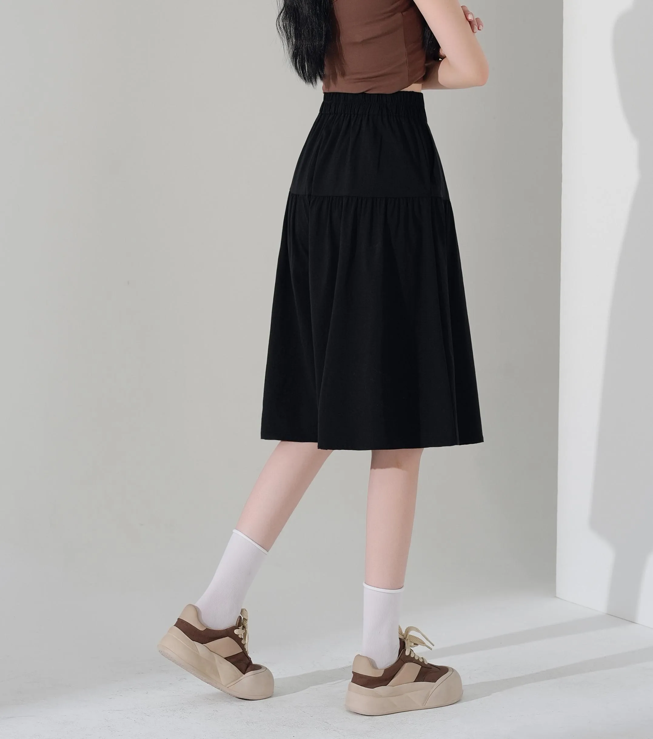 Solid Color A-Line Wide Leg Twill Shorts for Women