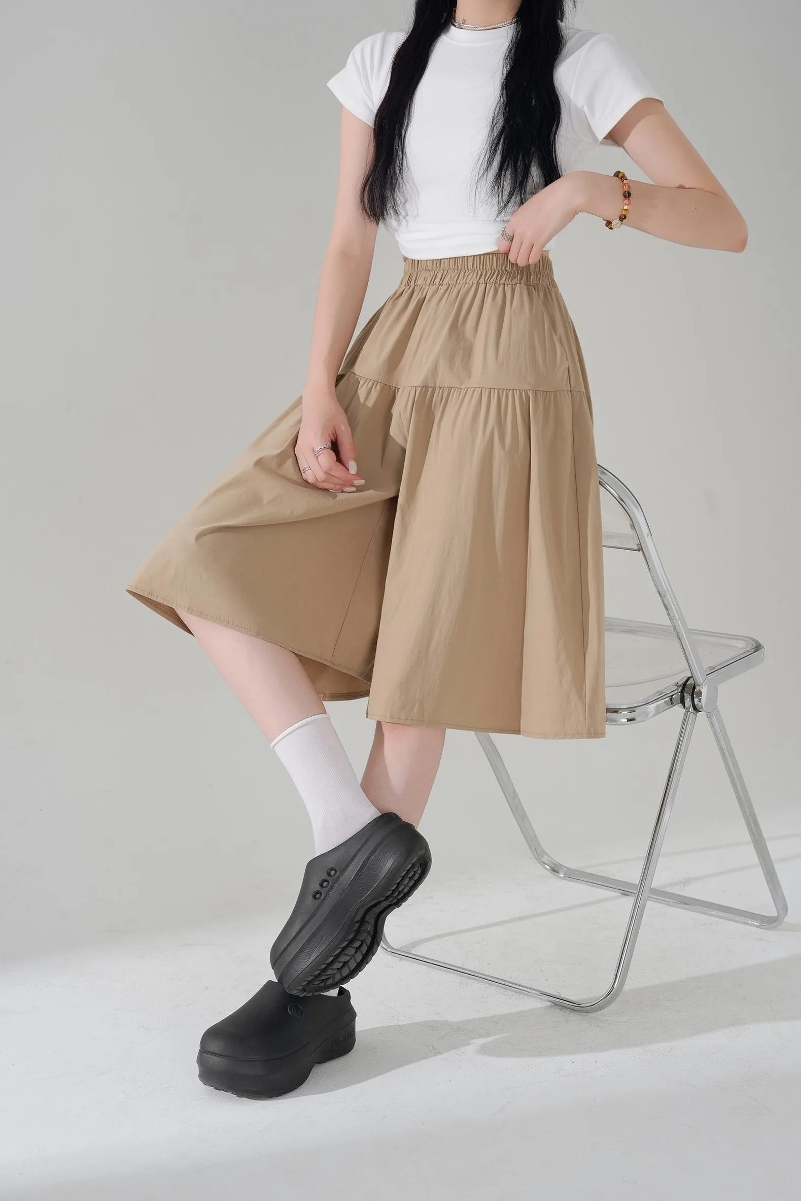 Solid Color A-Line Wide Leg Twill Shorts for Women