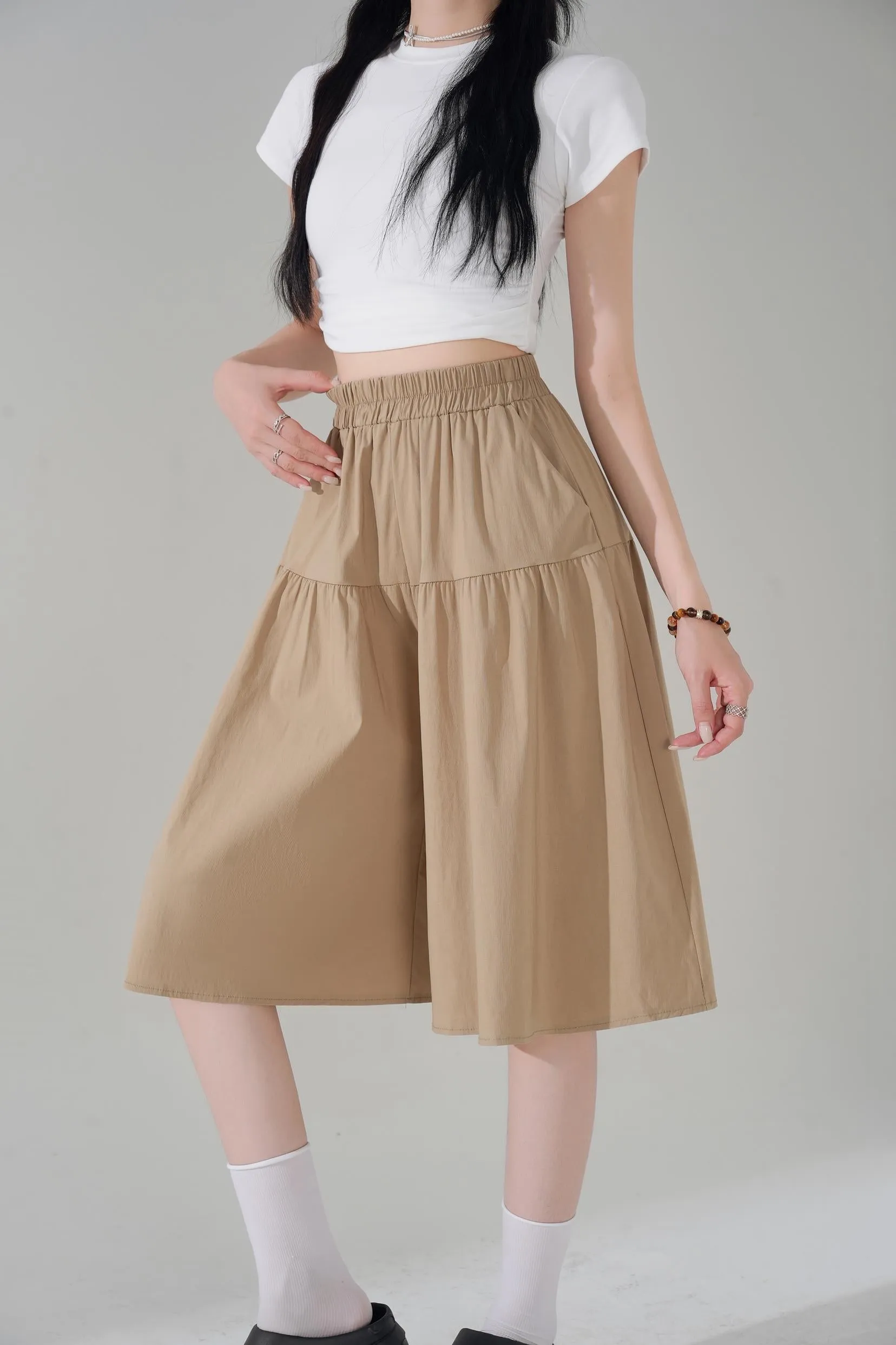 Solid Color A-Line Wide Leg Twill Shorts for Women