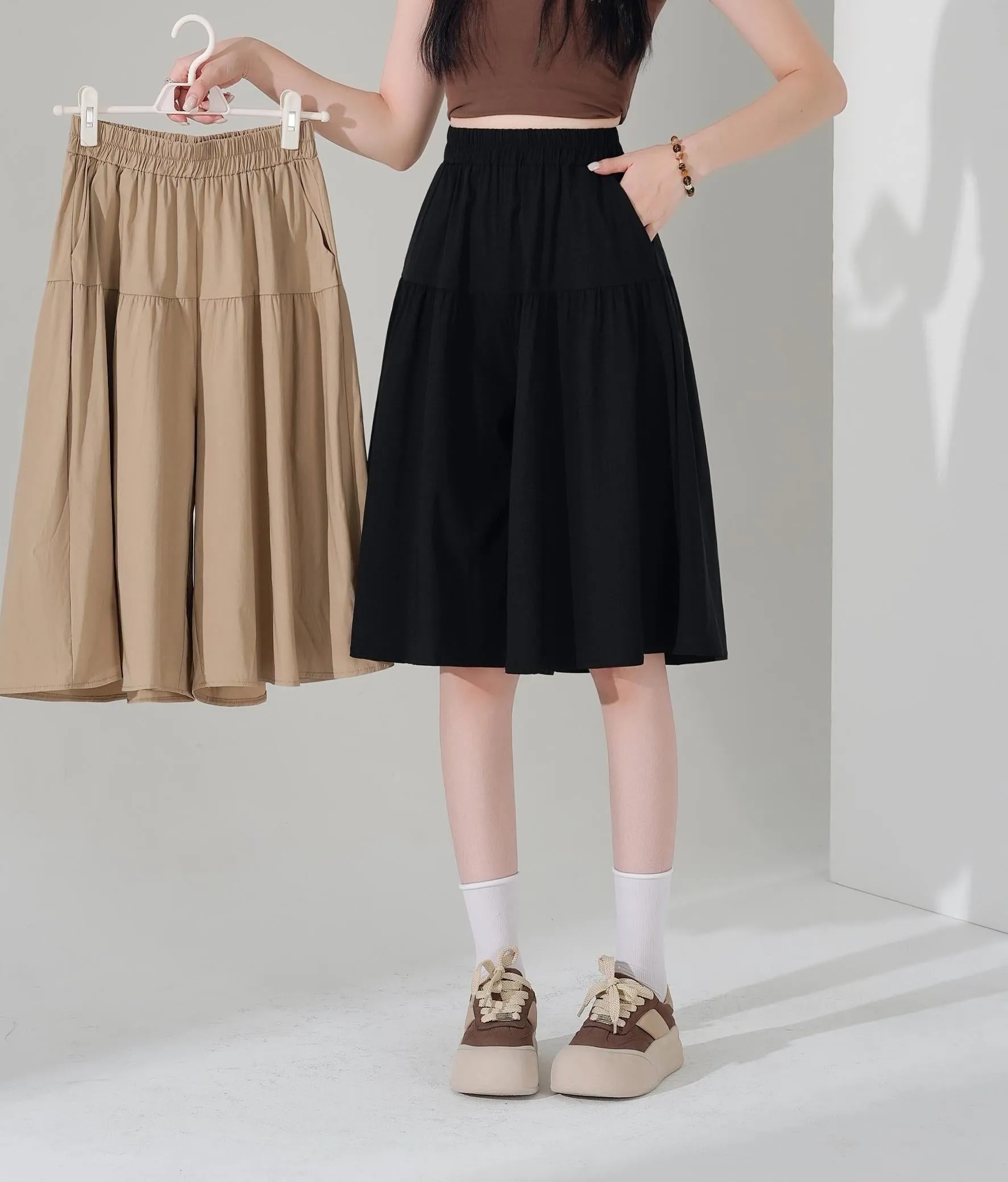 Solid Color A-Line Wide Leg Twill Shorts for Women
