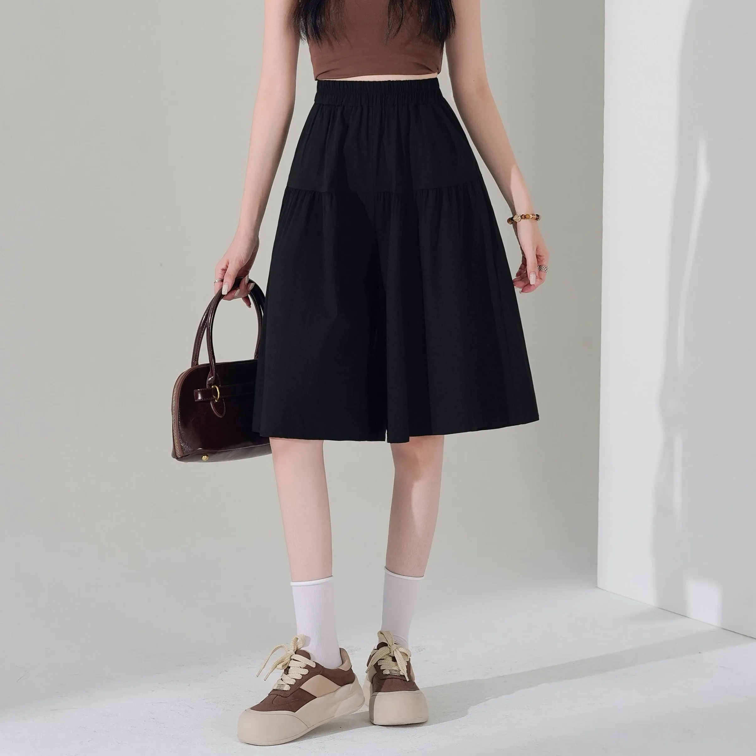 Solid Color A-Line Wide Leg Twill Shorts for Women