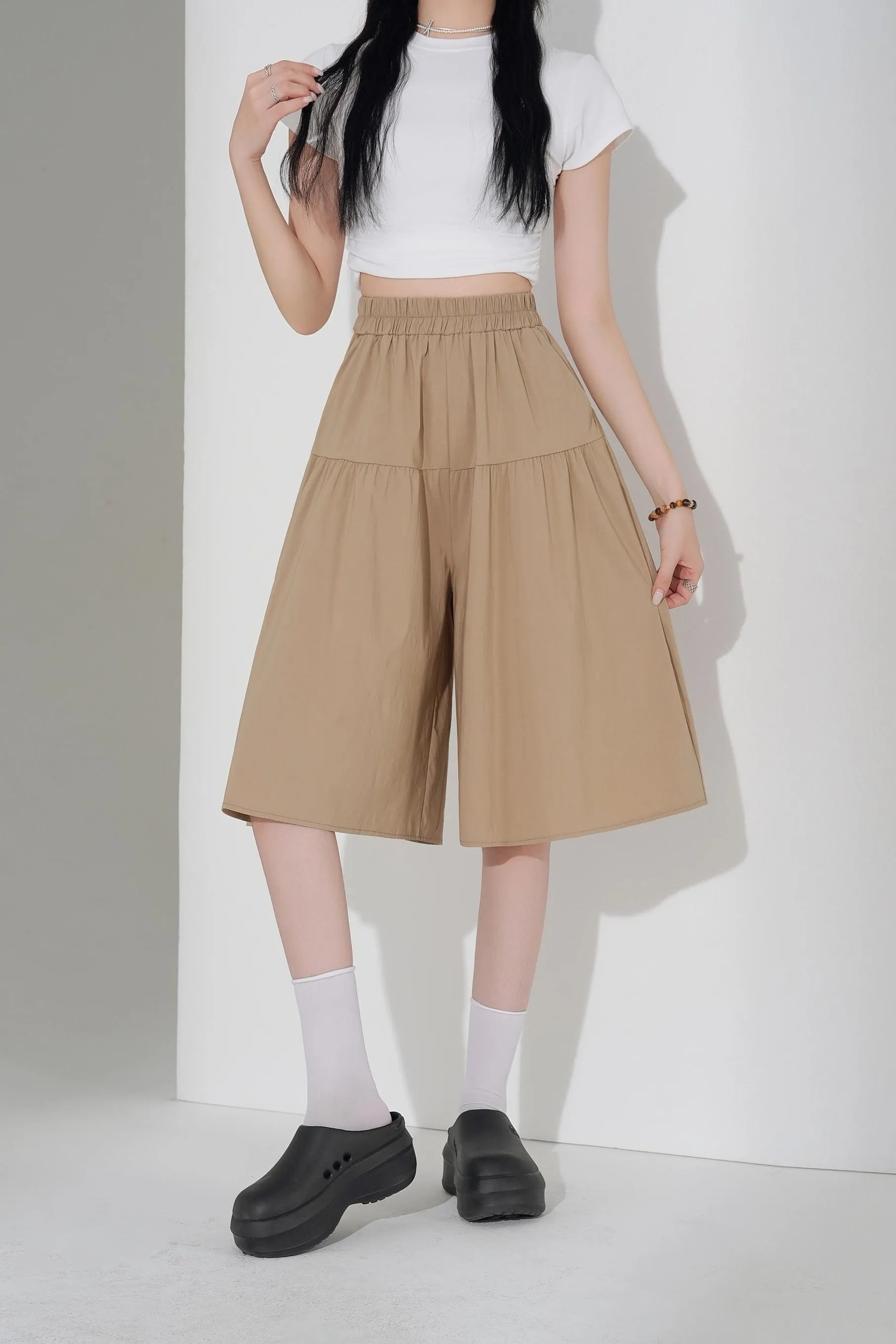 Solid Color A-Line Wide Leg Twill Shorts for Women