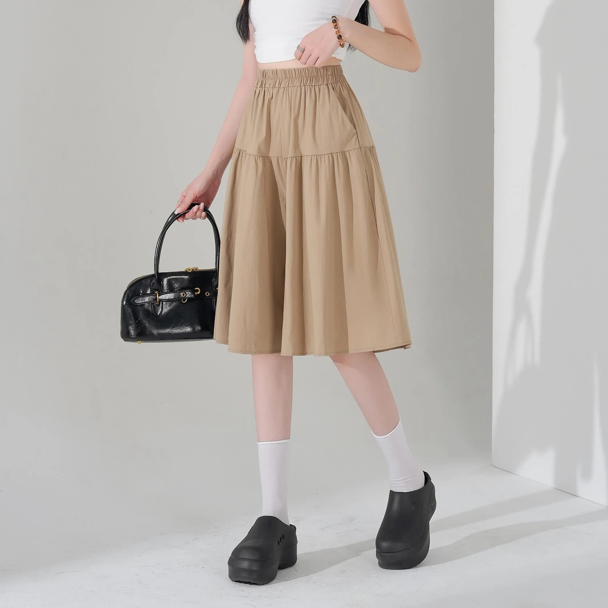 Solid Color A-Line Wide Leg Twill Shorts for Women