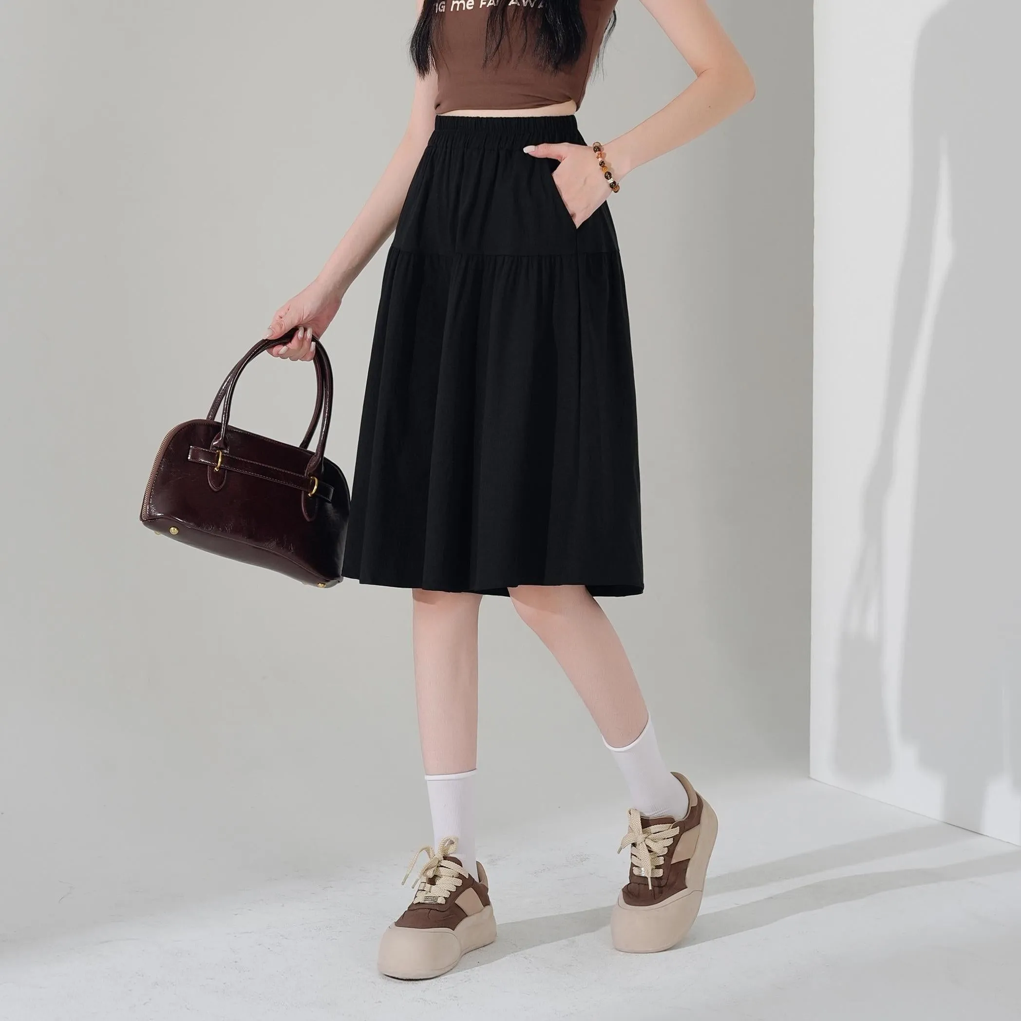 Solid Color A-Line Wide Leg Twill Shorts for Women
