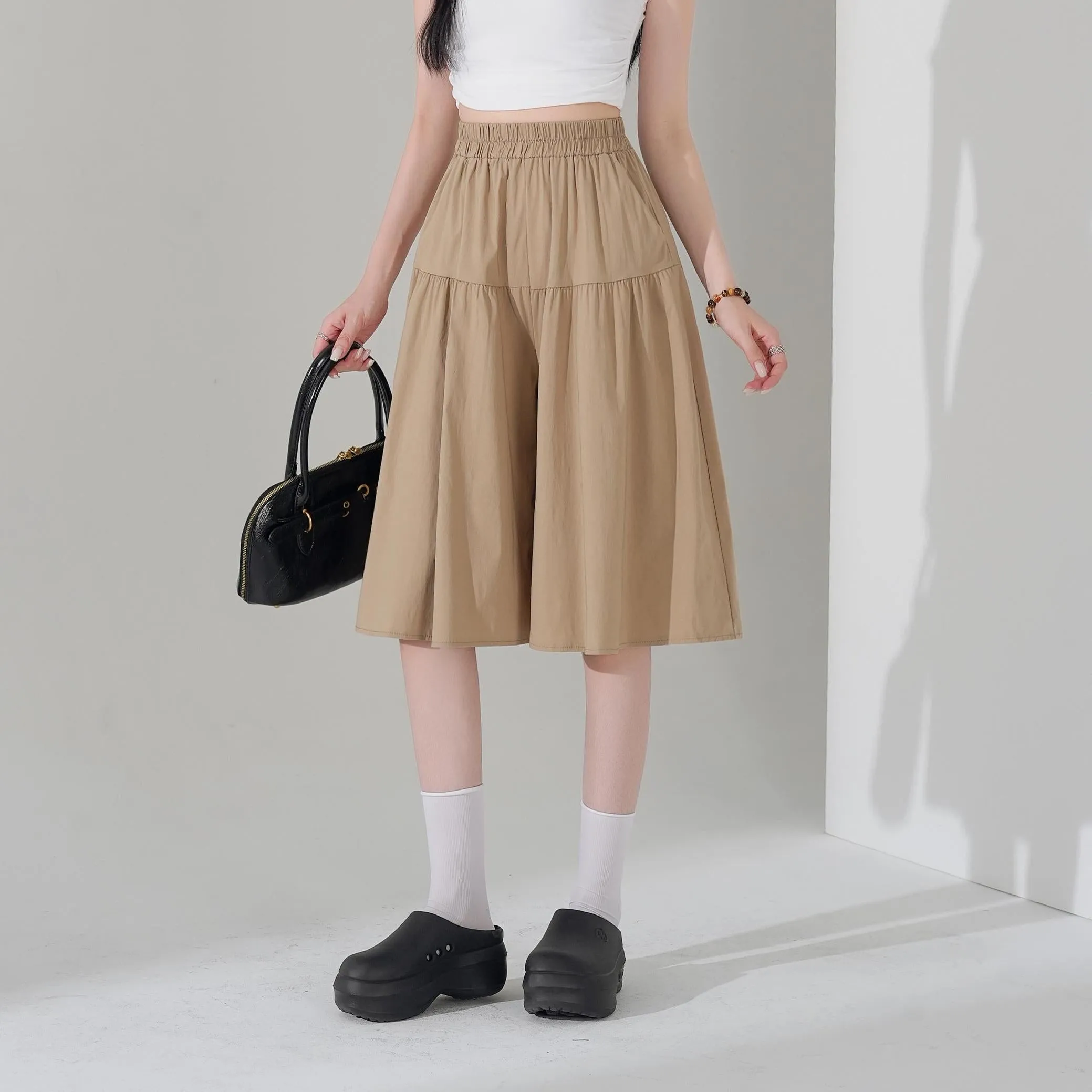 Solid Color A-Line Wide Leg Twill Shorts for Women