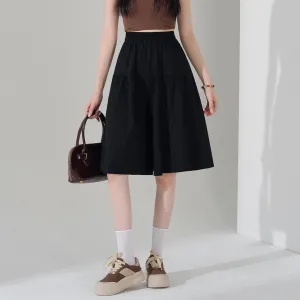 Solid Color A-Line Wide Leg Twill Shorts for Women