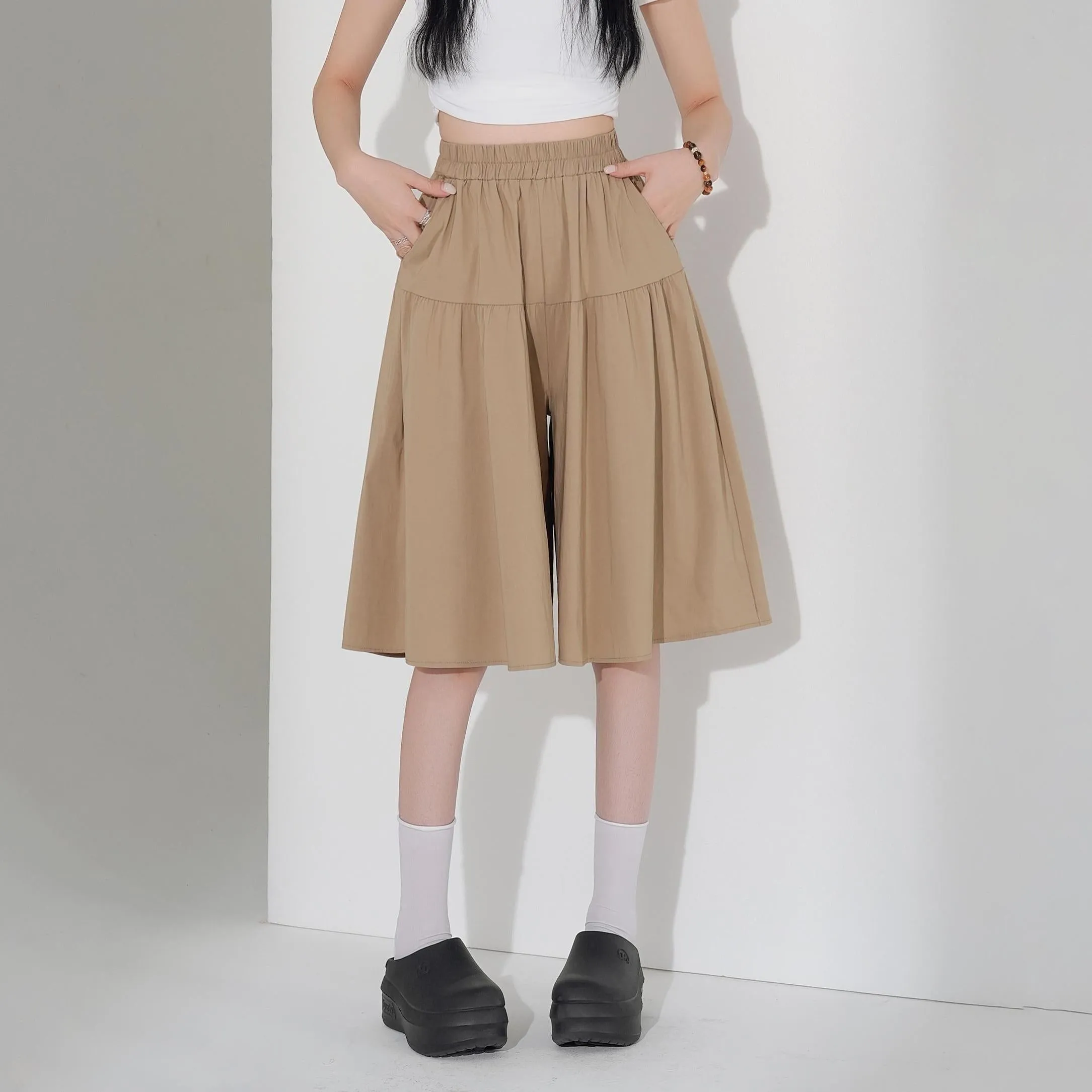 Solid Color A-Line Wide Leg Twill Shorts for Women