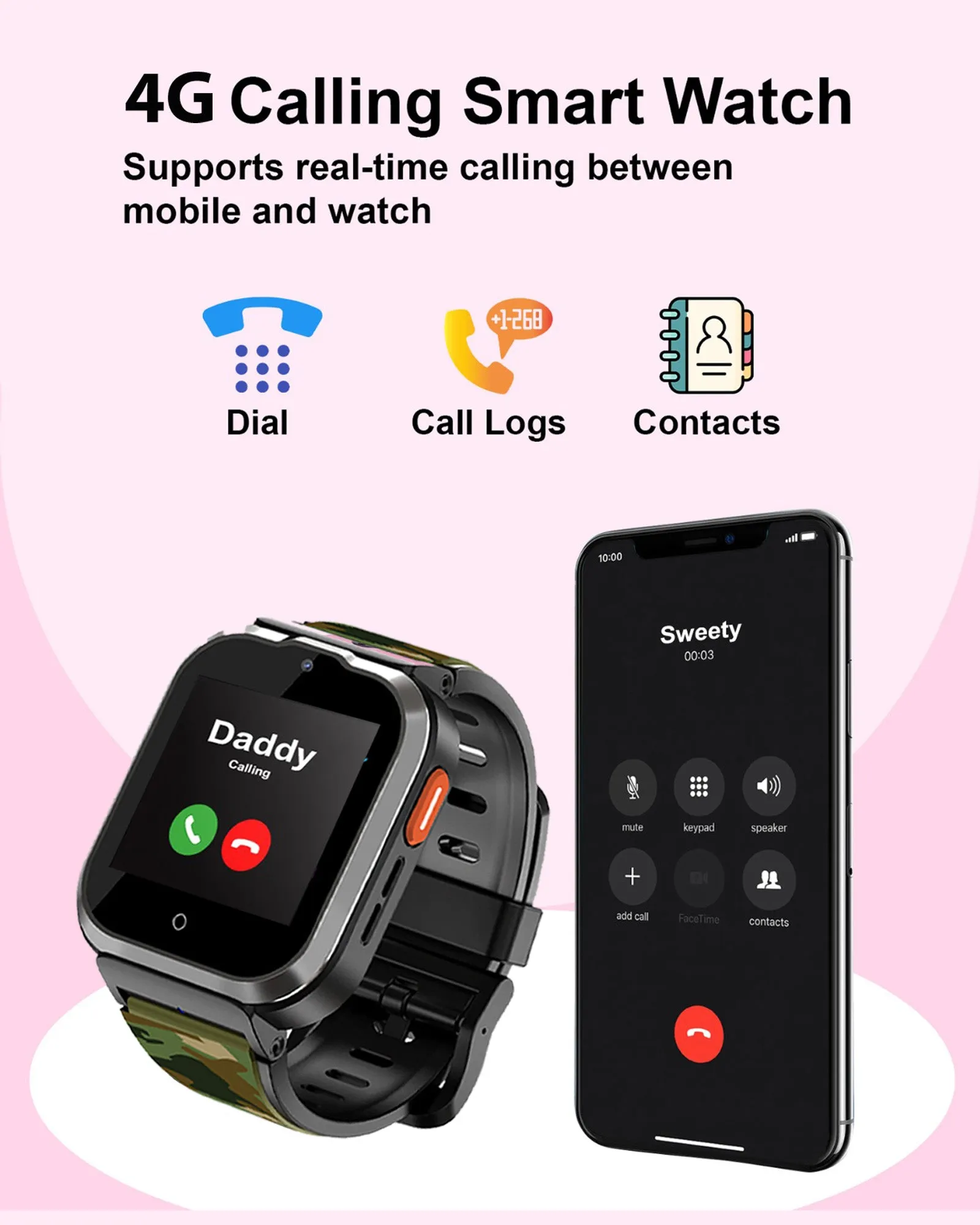 Spiky Cyclops 4g Video & Voice Calling Dewatering Waterproof Kids Smartwatch Printed strap - Camo