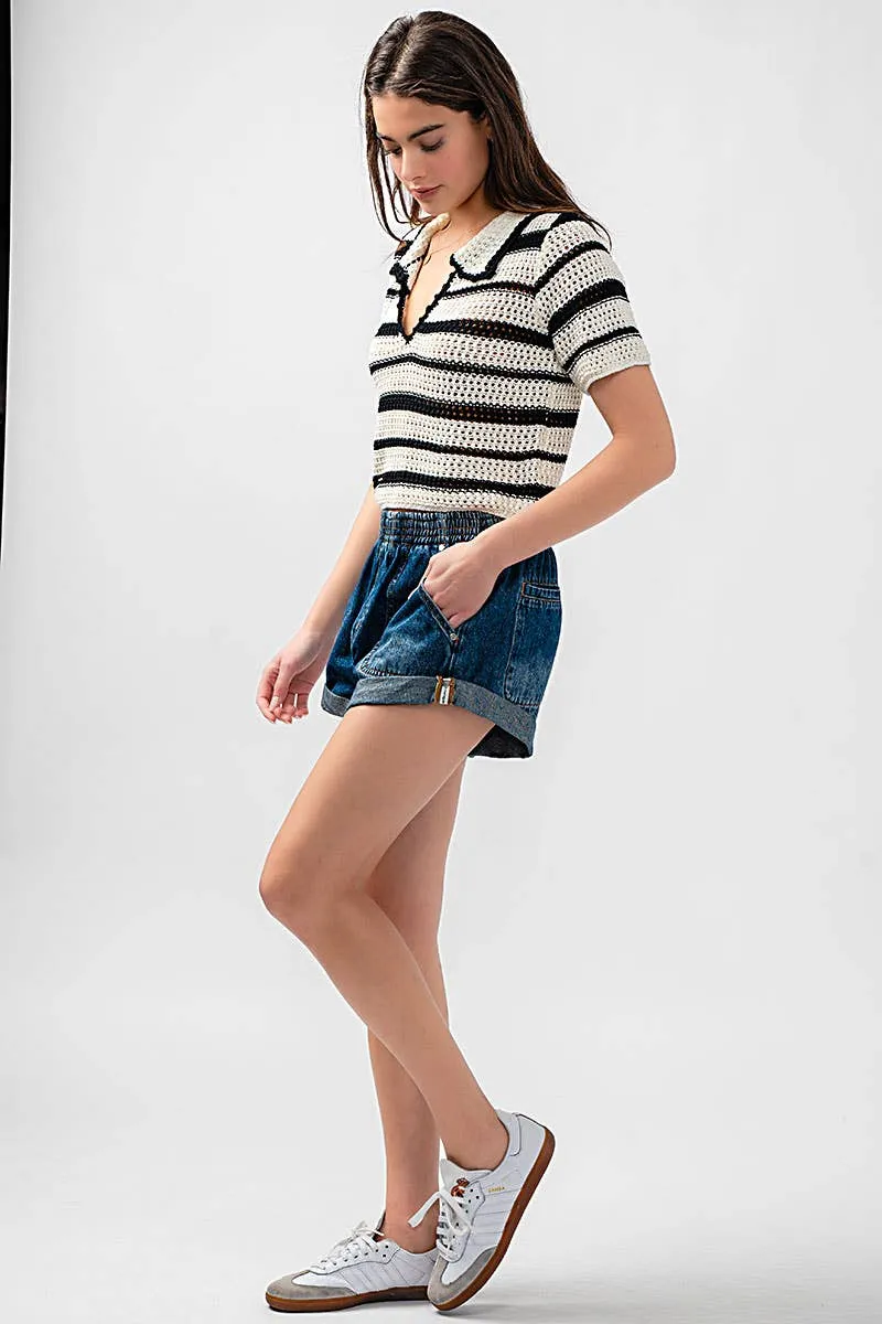 Spring Elastic Waist Cuffed Print Shorts