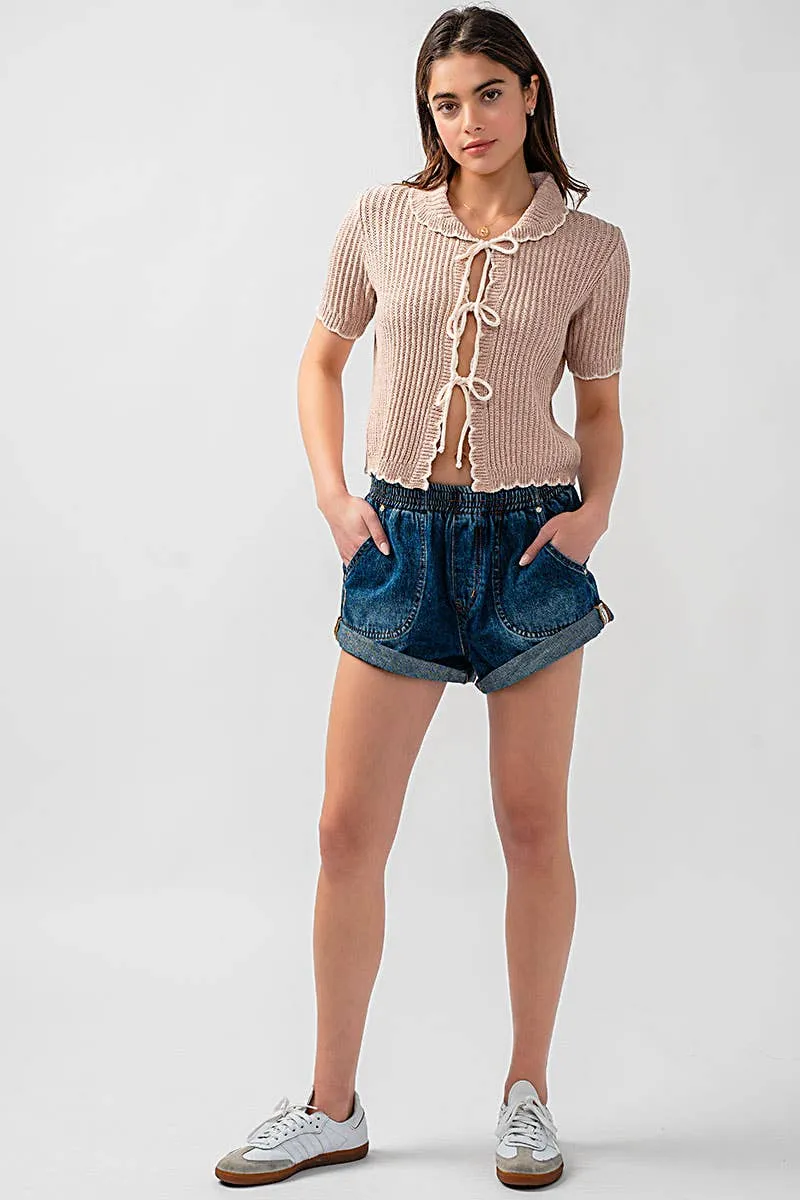 Spring Elastic Waist Cuffed Print Shorts