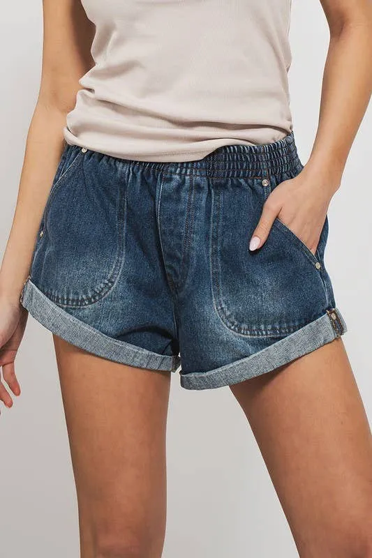 Spring Elastic Waist Cuffed Print Shorts