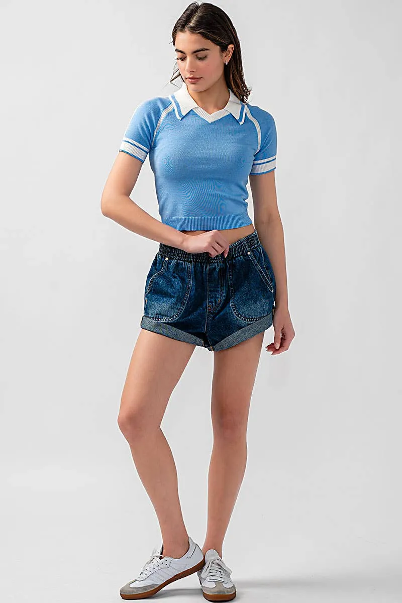 Spring Elastic Waist Cuffed Print Shorts