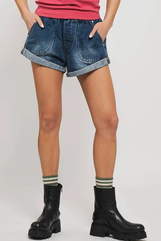 Spring Elastic Waist Cuffed Print Shorts