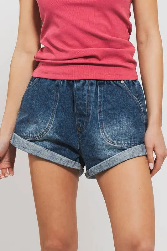 Spring Elastic Waist Cuffed Print Shorts